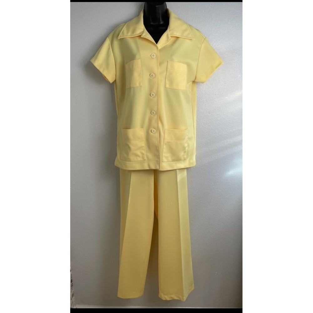 Jack Winter Pant‎ Set Vtg 70s  Sunny Yellow Polyester Knit Wide Leg 2 Piece Set
